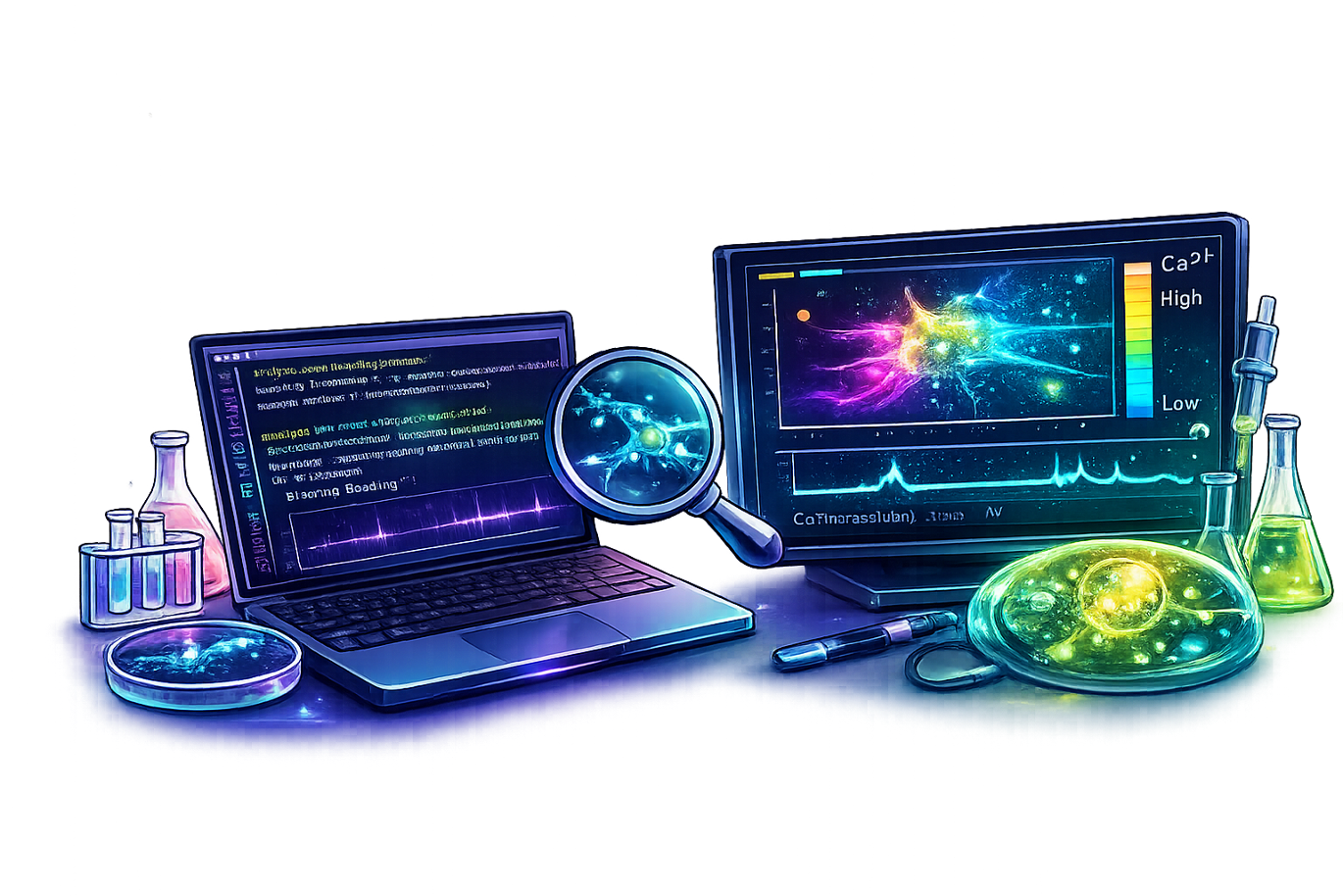 Illustration of bench experiments connected to computational analysis, imaging, and cellular signal visualization.