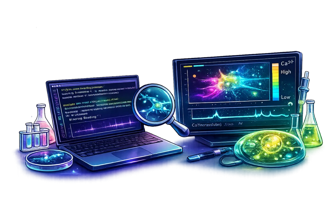 Illustration of bench experiments connected to computational analysis, imaging, and cellular signal visualization.