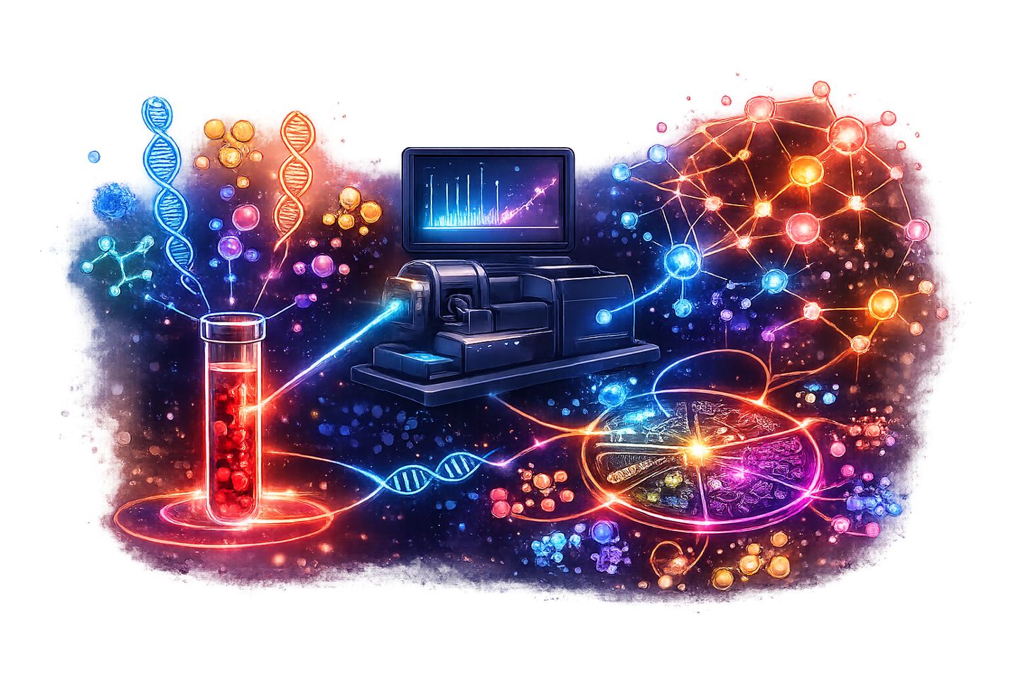 Illustration of biomarker analytics connecting blood samples, molecular signals, instrumentation, and computational networks.