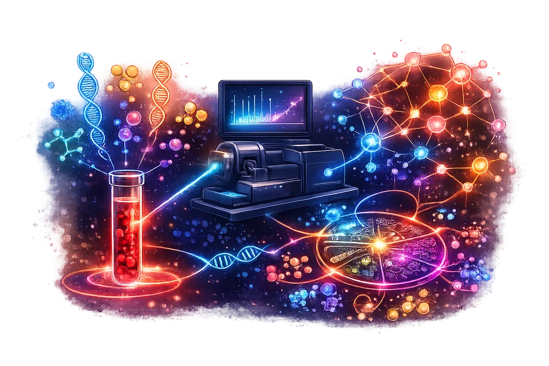Illustration of biomarker analytics connecting blood samples, molecular signals, instrumentation, and computational networks.