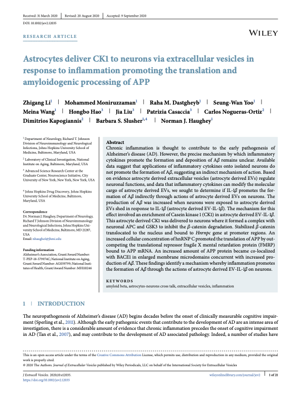 Publication preview for Astrocytes deliver CK1 to neurons via extracellular vesicles in response to inflammation promoting the translation and amyloidogenic processing of APP