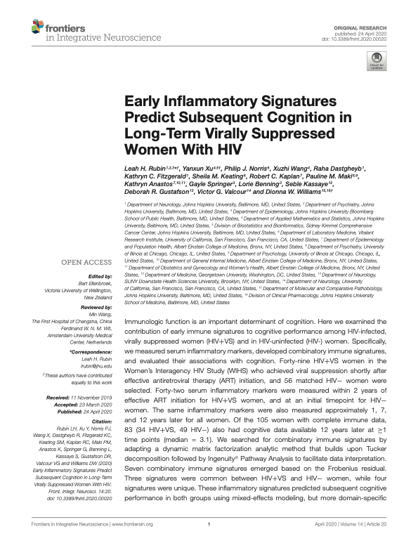 Publication preview for Early inflammatory signatures predict subsequent cognition in long-term virally suppressed women with HIV