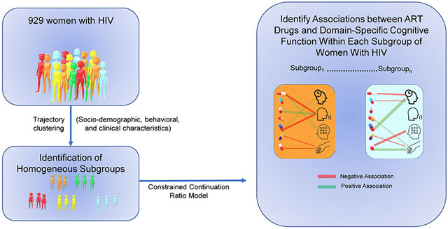 Schematic of trajectory clustering into homogeneous subgroups and modelling of antiretroviral drug associations with cognition.