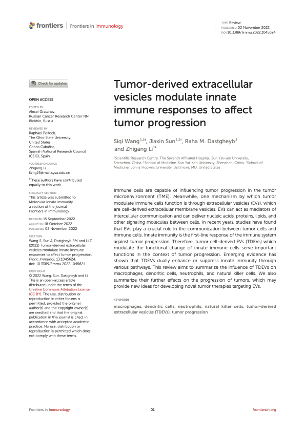 Publication preview for Tumor-derived extracellular vesicles modulate innate immune responses to affect tumor progression