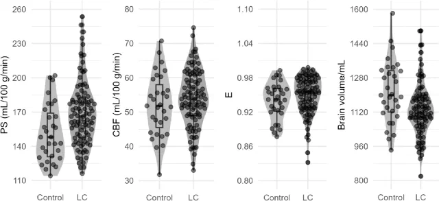 Violin plots comparing perfusion, cerebral blood flow and brain volume between controls and Long COVID participants.