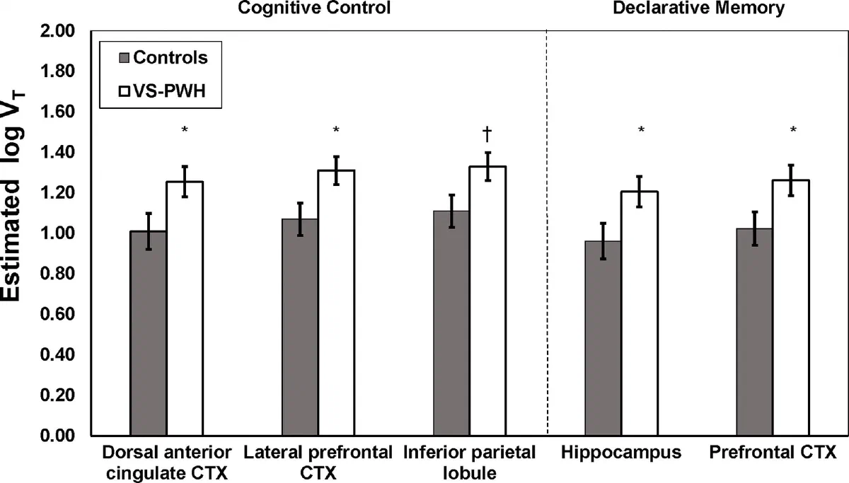 Bar chart of TSPO binding across cognitive control and declarative memory regions in controls and people with HIV.