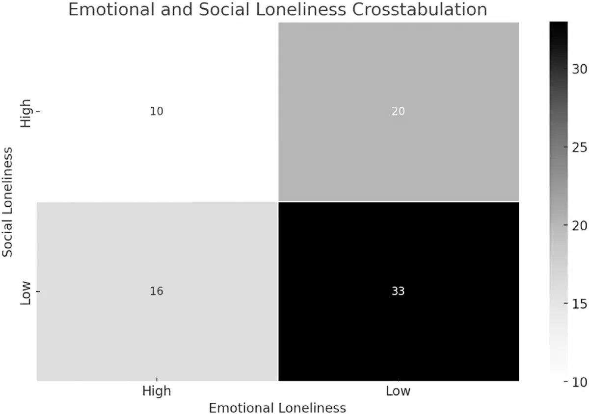 Crosstabulation of emotional and social loneliness categories.