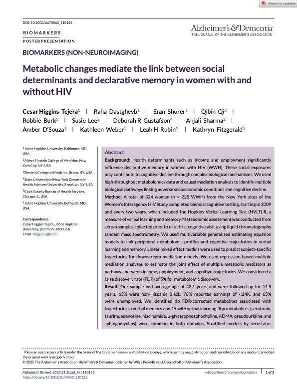 Figure from Metabolic changes mediate the link between social determinants and declarative memory in women with and without HIV